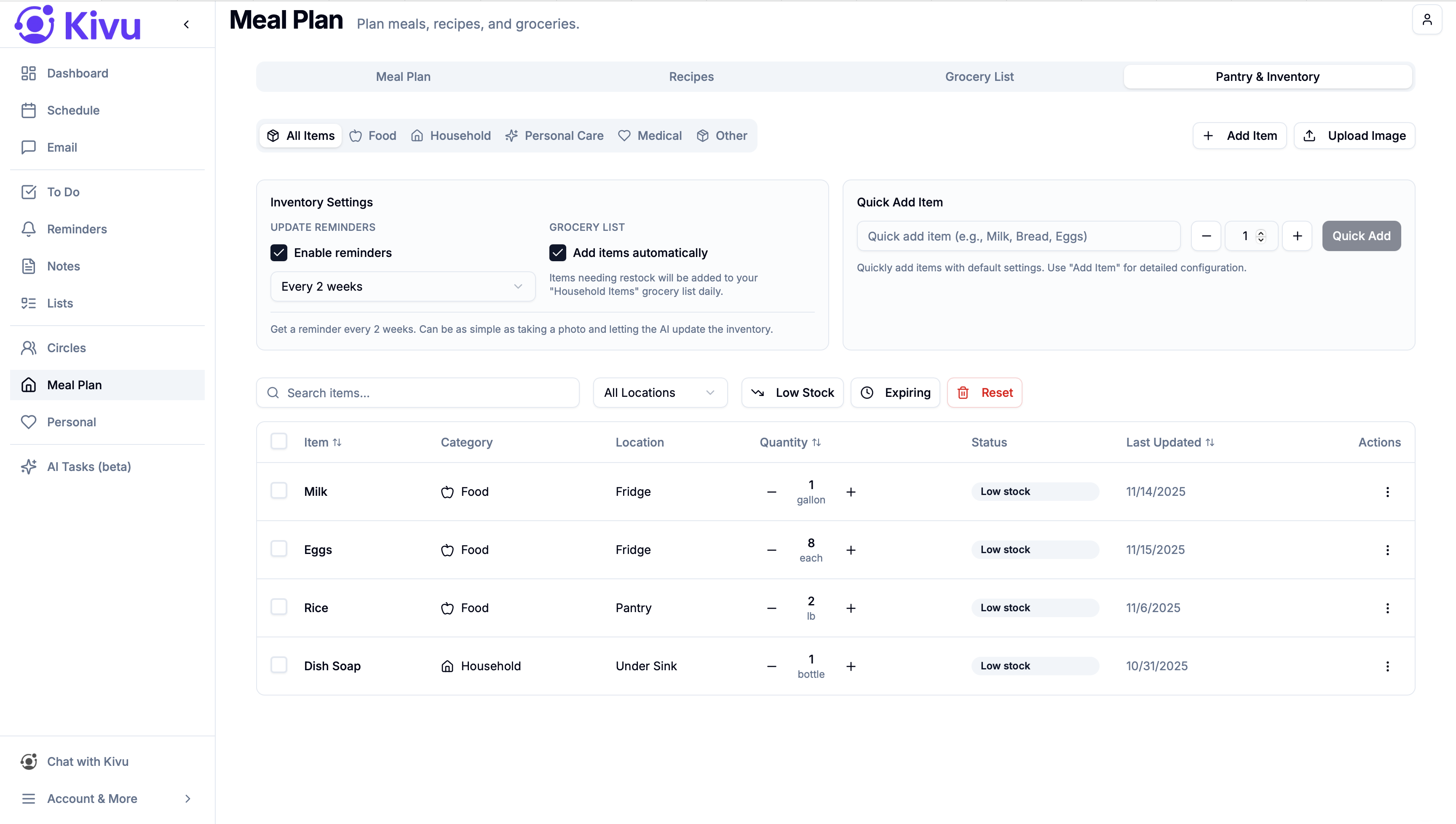 Pantry inventory with quantities and expiration dates